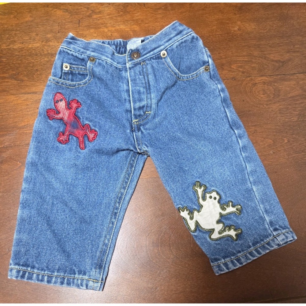 Patchwork Blue Jeans Size 6 / 9 Months Reptile Lizard Frog Patches Vintage Baby